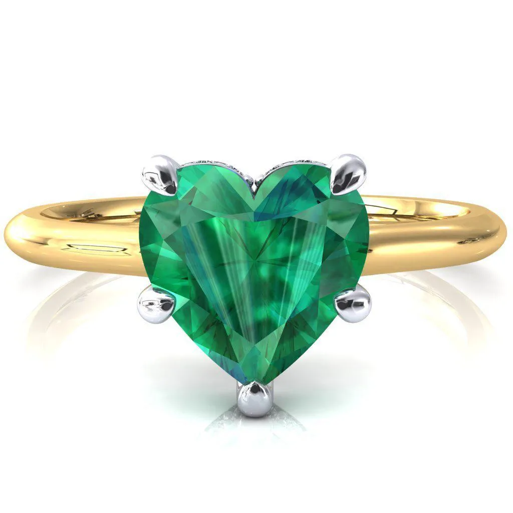 Janey Heart Emerald 5 Prongs Claw Floating Halo Inverted Cathedral Ring