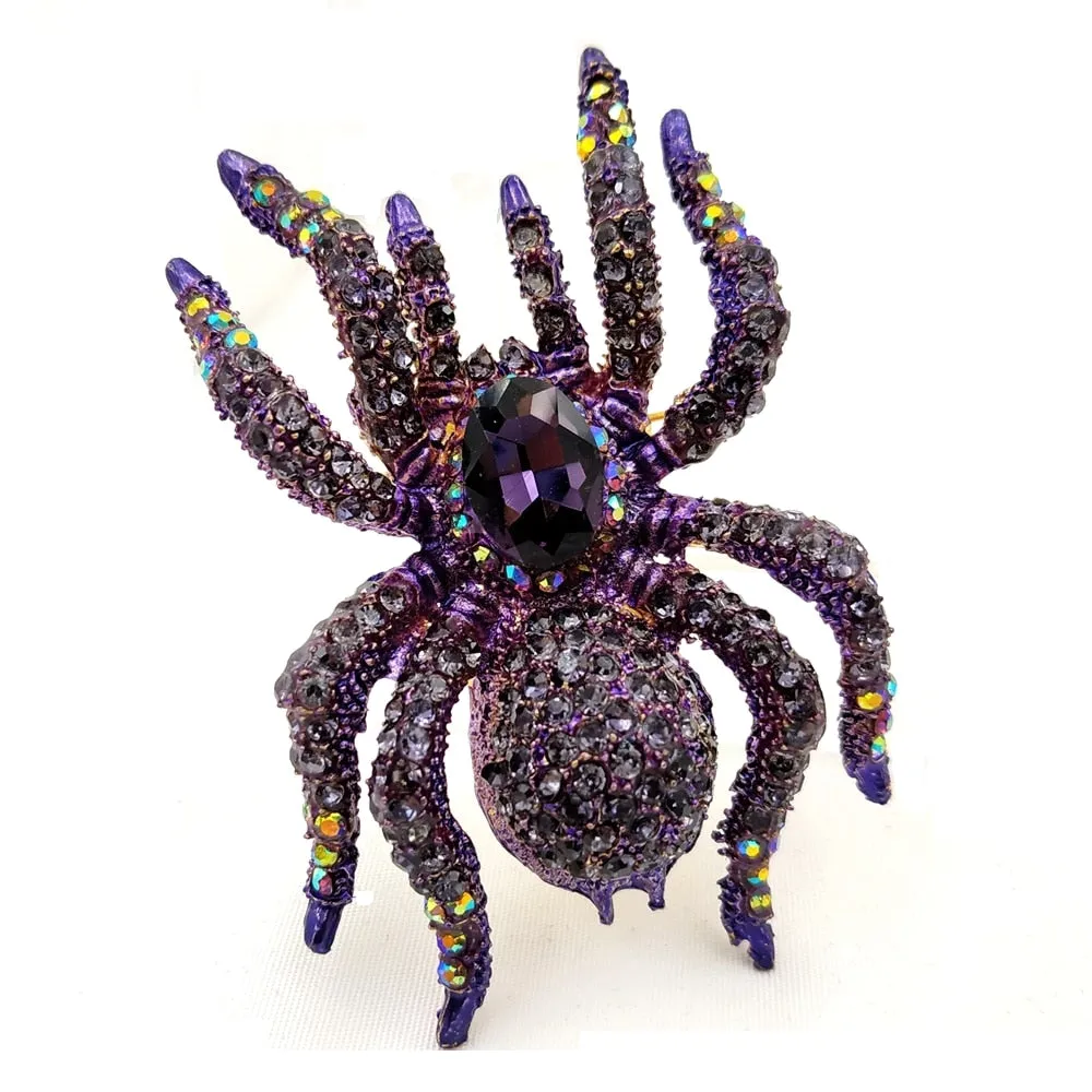 Jewelblings Exquisite AB Accent Oversize Purple Rhinestone Dangerous Spider Brooches Pin Halloween Costume Jewelry