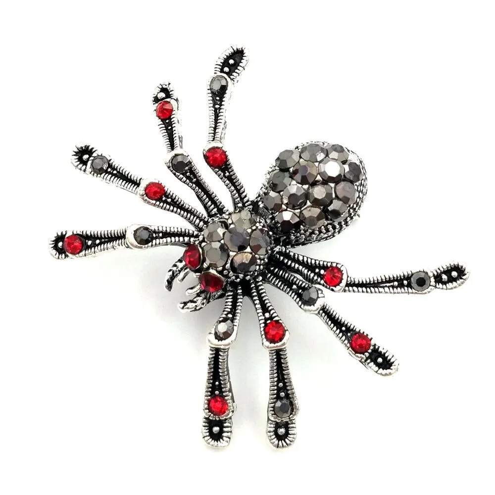 Jewelblings Punk Vintage 2 PCS Small 8- Legged Black Crystal Spider Brooches with Red Stone Halloween Pins for Unisex CostumeGift  Jewelry