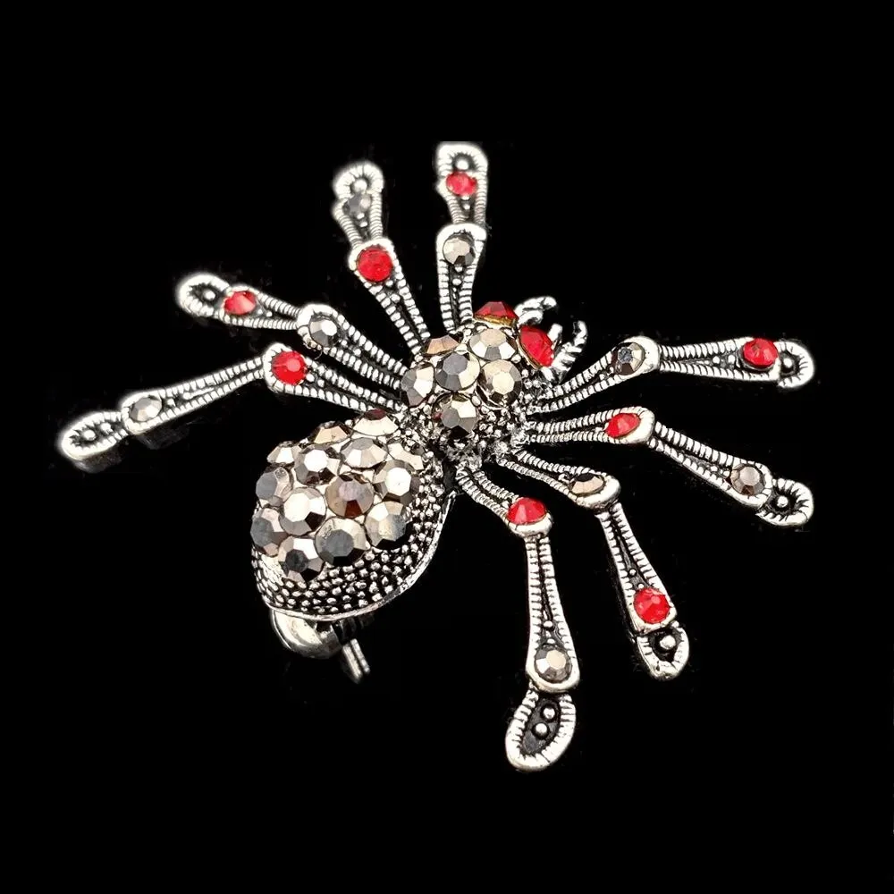 Jewelblings Punk Vintage 2 PCS Small 8- Legged Black Crystal Spider Brooches with Red Stone Halloween Pins for Unisex CostumeGift  Jewelry