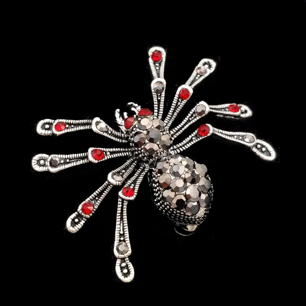 Jewelblings Punk Vintage 2 PCS Small 8- Legged Black Crystal Spider Brooches with Red Stone Halloween Pins for Unisex CostumeGift  Jewelry