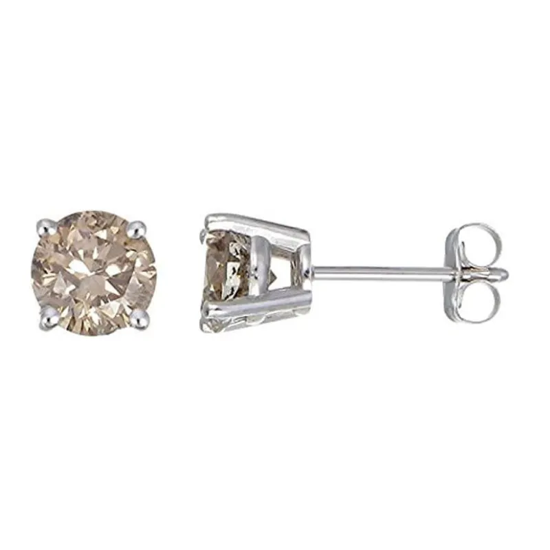 JewelMore 1/10 CT to 1CT Round Cut Champagne Diamond Stud Earrings 14k White (0.15) (1.00)