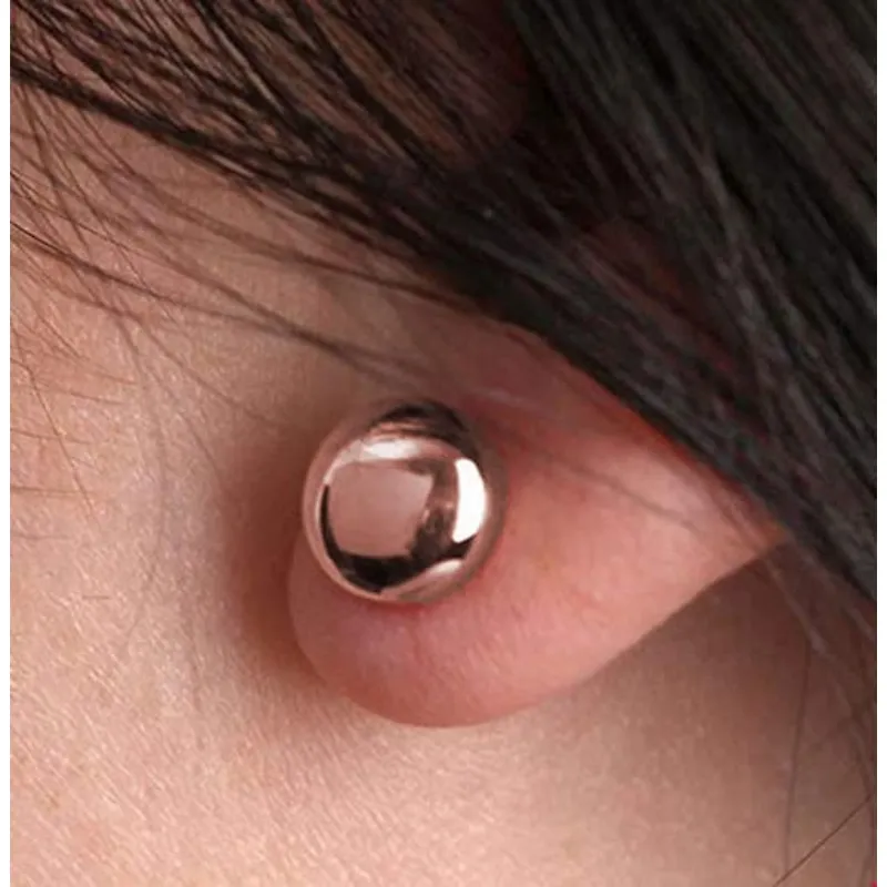JewelMore 14K Solid Rose Gold Flat Ball Studs 3mm/ 4mm/ 5mm/ 6mm/ 7mm/8mm, Hollow Light Weight Plain Gold Ball Studs Earrings