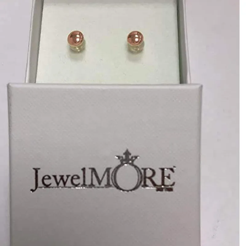 JewelMore 14K Solid Rose Gold Flat Ball Studs 3mm/ 4mm/ 5mm/ 6mm/ 7mm/8mm, Hollow Light Weight Plain Gold Ball Studs Earrings