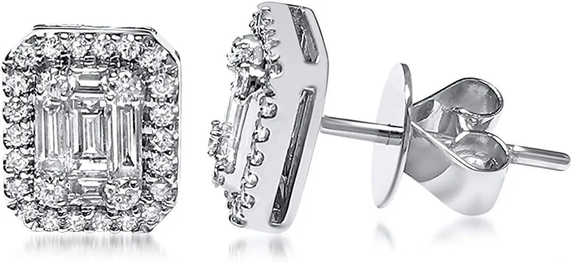JewelMore 18K White Gold Halo Stud Earring 3/4cttw Round and Baguette (VS1-VS2)