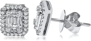 JewelMore 18K White Gold Halo Stud Earring 3/4cttw Round and Baguette (VS1-VS2)IGI USA Certified
