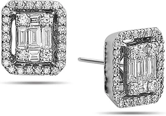 JewelMore 18K White Gold Halo Stud Earring 5/8cttw Round and Baguette (VS1-VS2)IGI USA Certified
