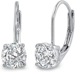 JewelMore 3/4CTW Round White Diamond Leverback Earrings in 14K White or Yellow Gold (I-J-K/ I2-I3)