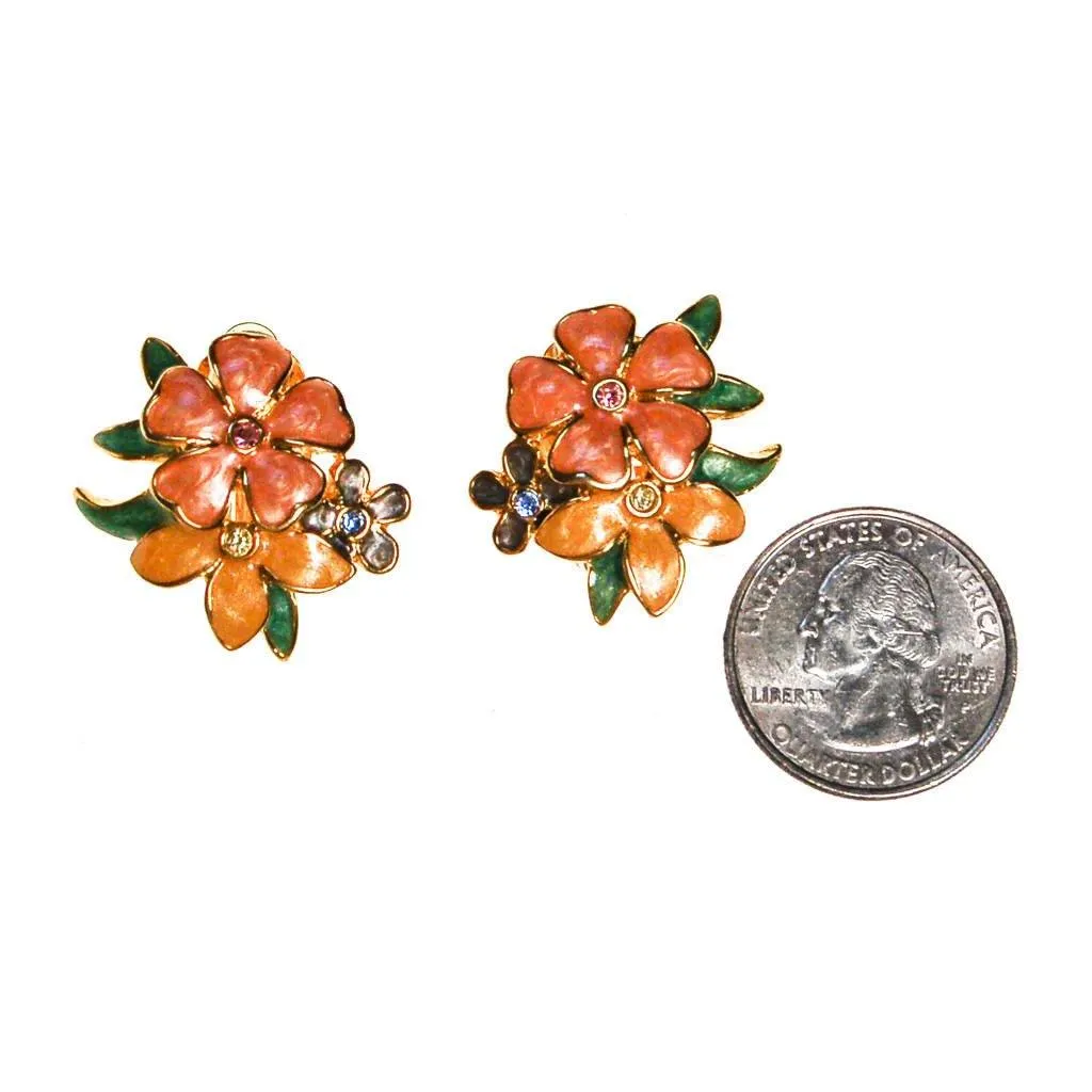 Joan Rivers Pink, Peach, Yellow Flower with Rhinestones Earrings