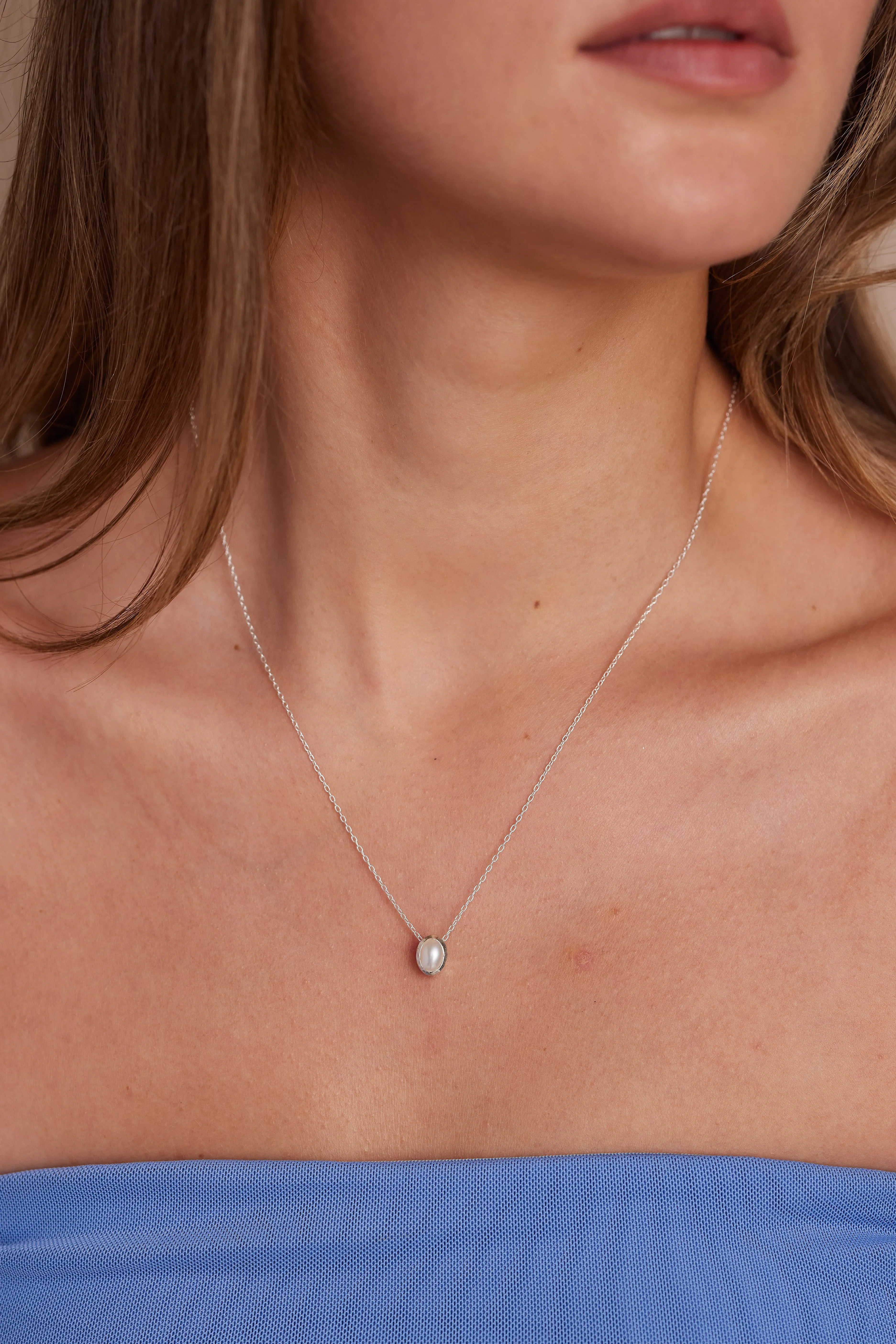 June Pearl Silver Oval Birthstone Necklace
