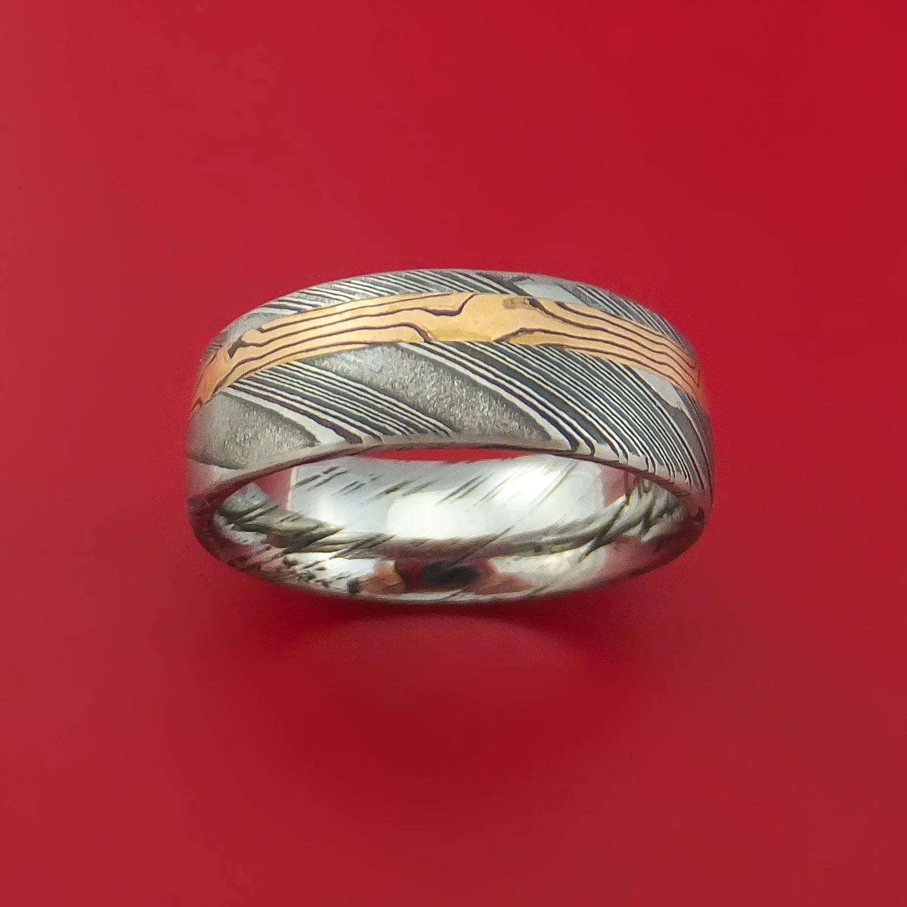 Kuro Damascus Steel Ring with 14k Rose Gold Mokume Shakudo Inlay Custom Made Band