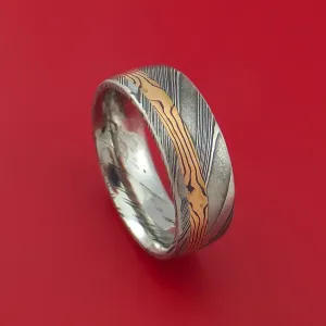 Kuro Damascus Steel Ring with 14k Rose Gold Mokume Shakudo Inlay Custom Made Band