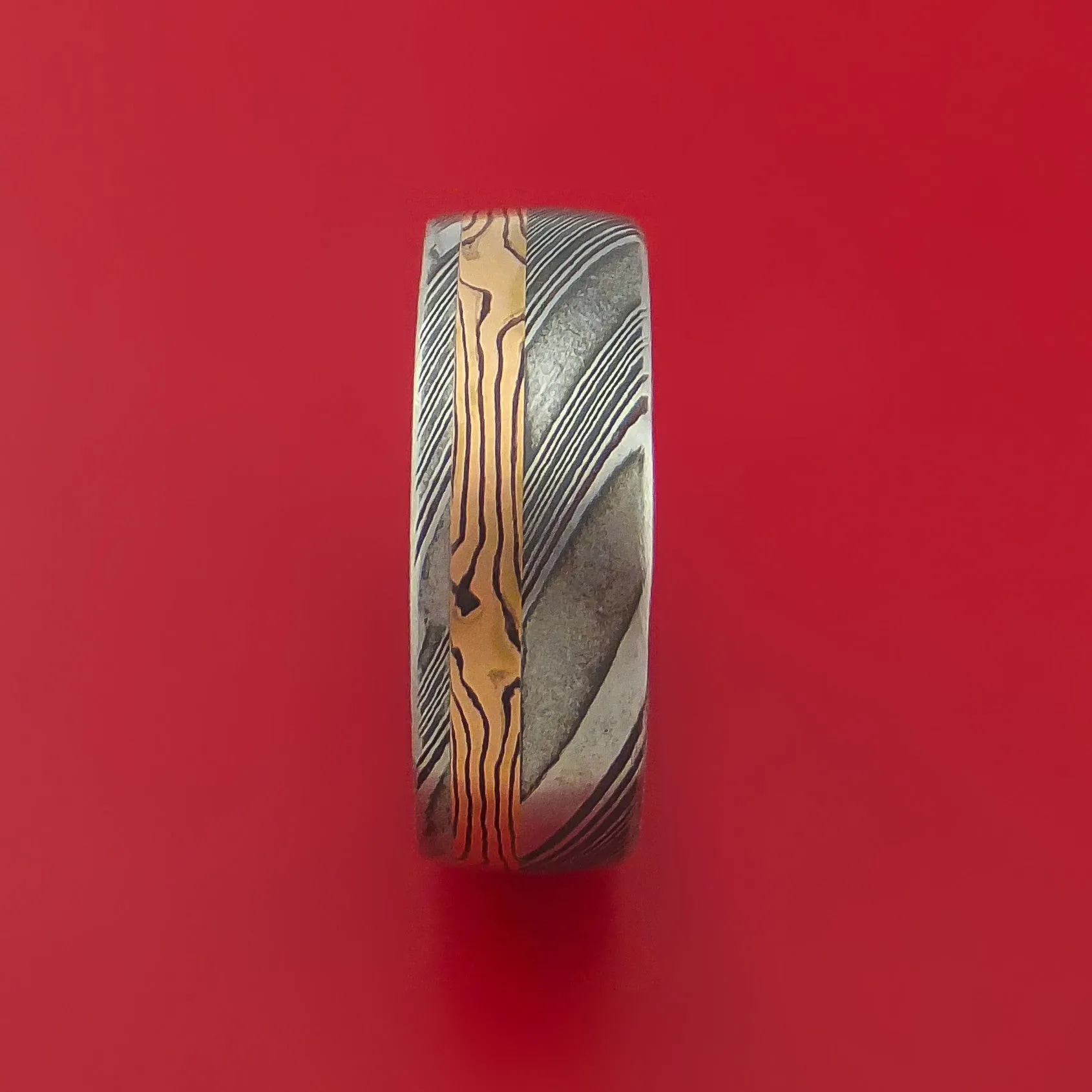 Kuro Damascus Steel Ring with 14k Rose Gold Mokume Shakudo Inlay Custom Made Band