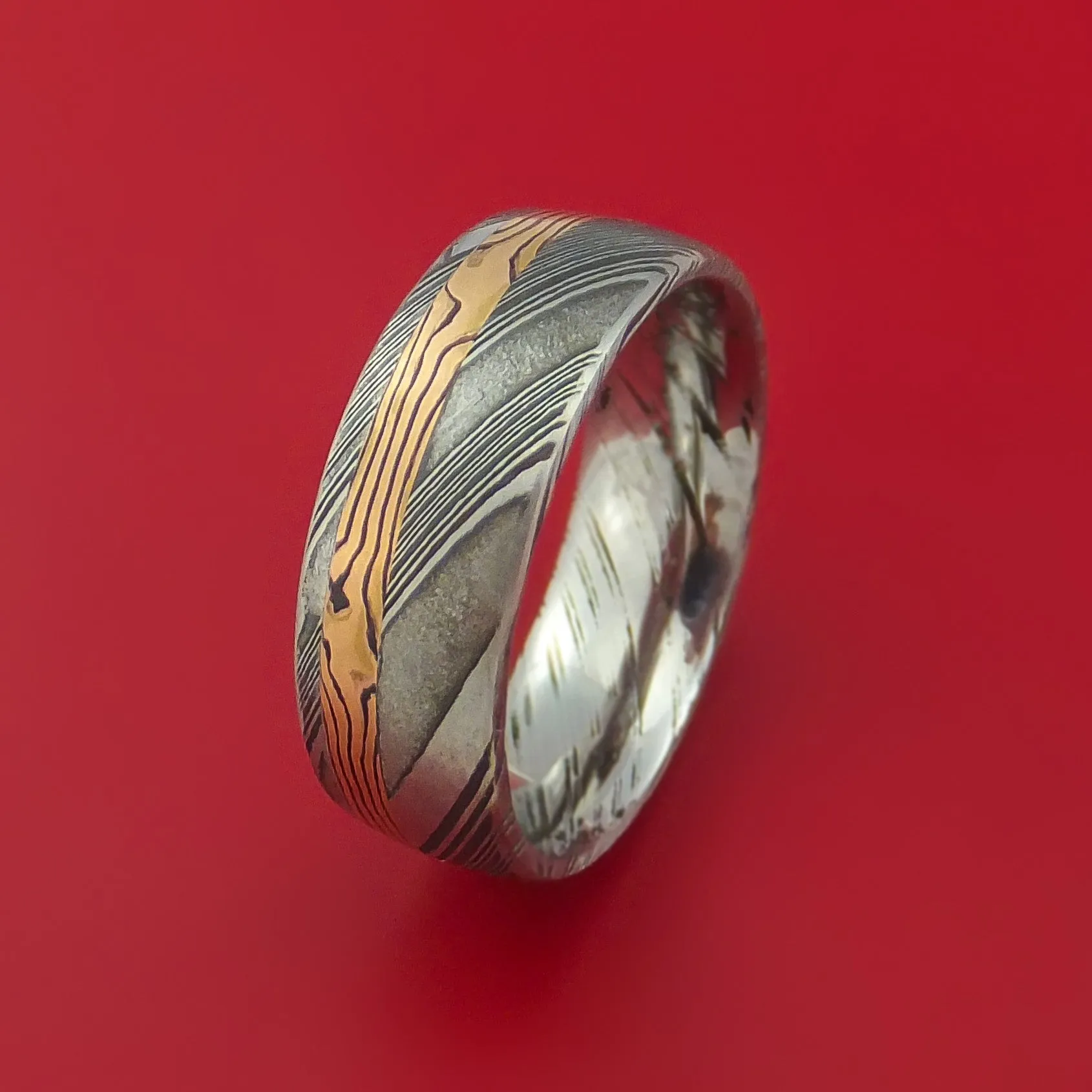 Kuro Damascus Steel Ring with 14k Rose Gold Mokume Shakudo Inlay Custom Made Band