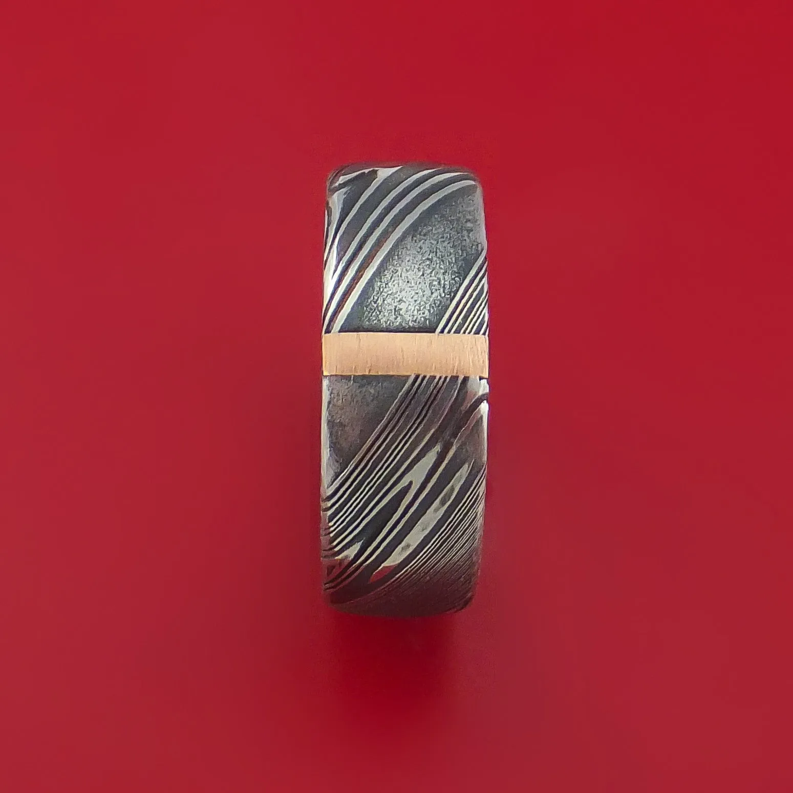 Kuro Damascus Steel Ring with 14k Rose Gold Vertical Inlay Custom Made Band