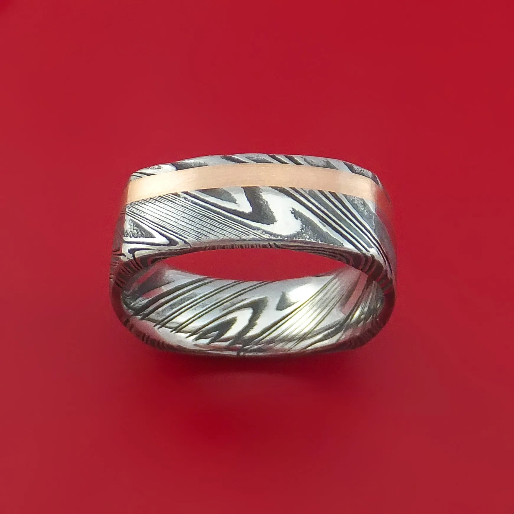 Kuro Damascus Steel Square Ring with 14k Rose Gold Inlay Custom Made Band