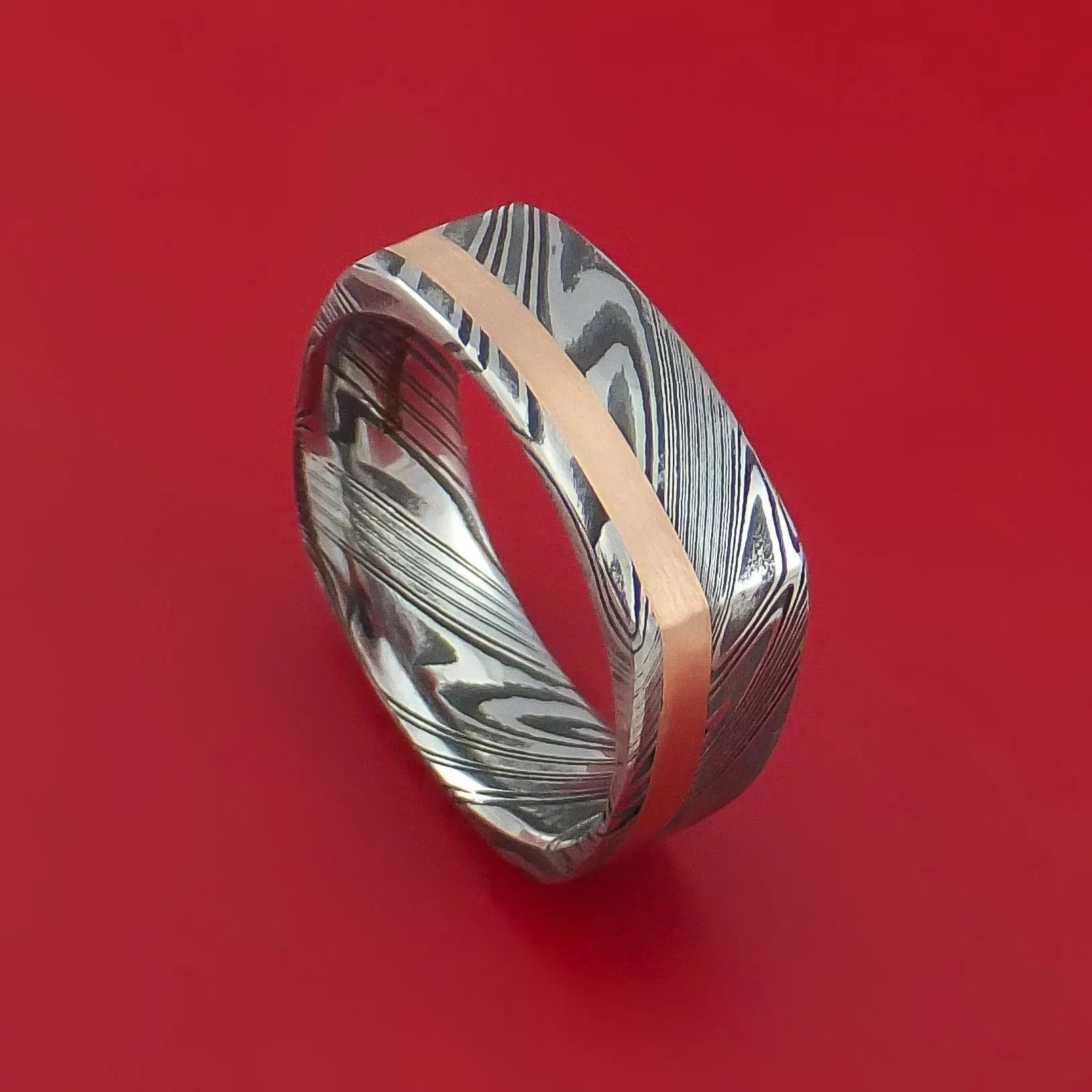 Kuro Damascus Steel Square Ring with 14k Rose Gold Inlay Custom Made Band