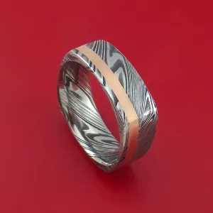 Kuro Damascus Steel Square Ring with 14k Rose Gold Inlay Custom Made Band