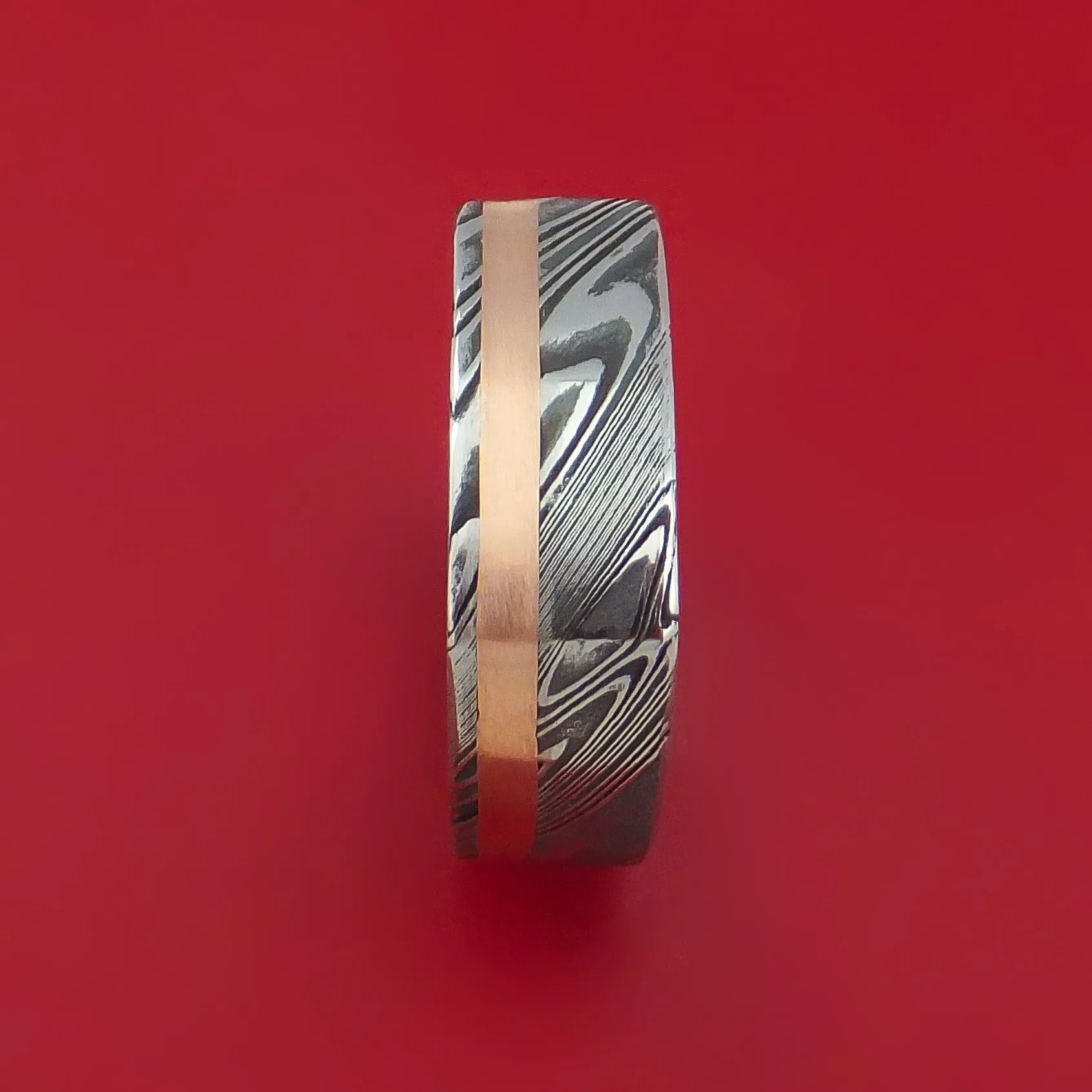 Kuro Damascus Steel Square Ring with 14k Rose Gold Inlay Custom Made Band