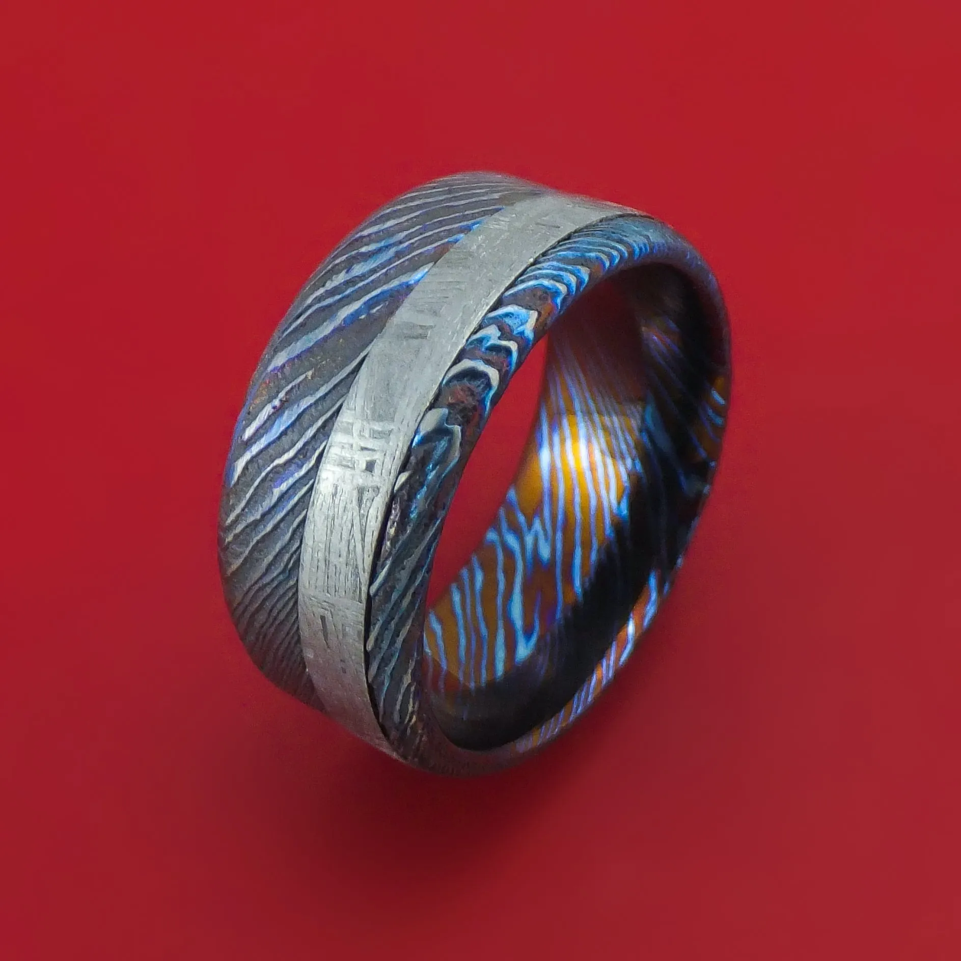 Kuro-Ti Twisted Titanium Etched and Heat-Treated Ring with Meteorite Inlay Custom Made Band