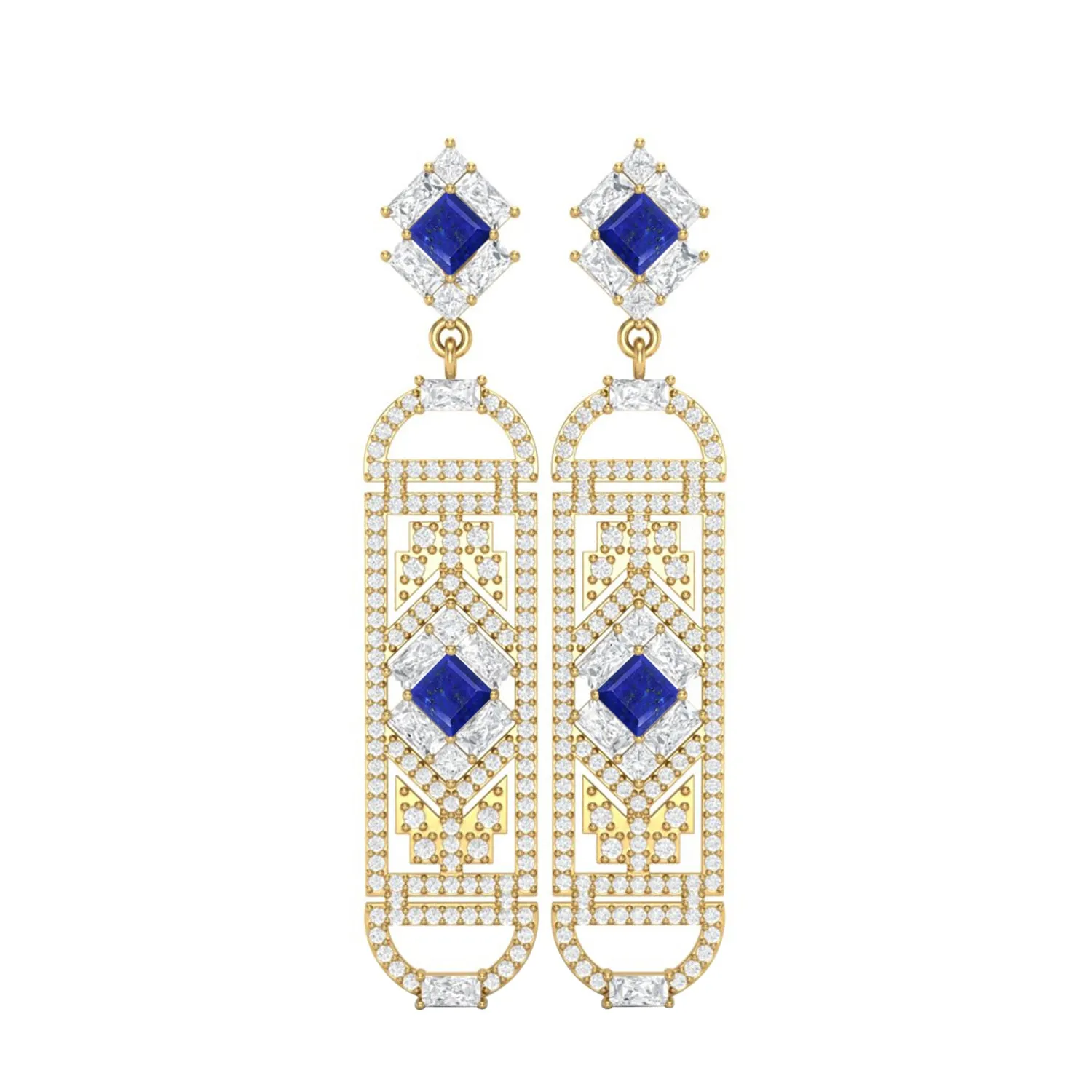 Lapis Cylindrical Long Drop Dangle Women Earrings 9k Yellow Gold