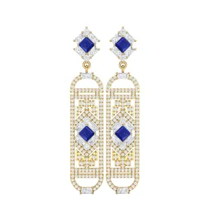 Lapis Cylindrical Long Drop Dangle Women Earrings 9k Yellow Gold