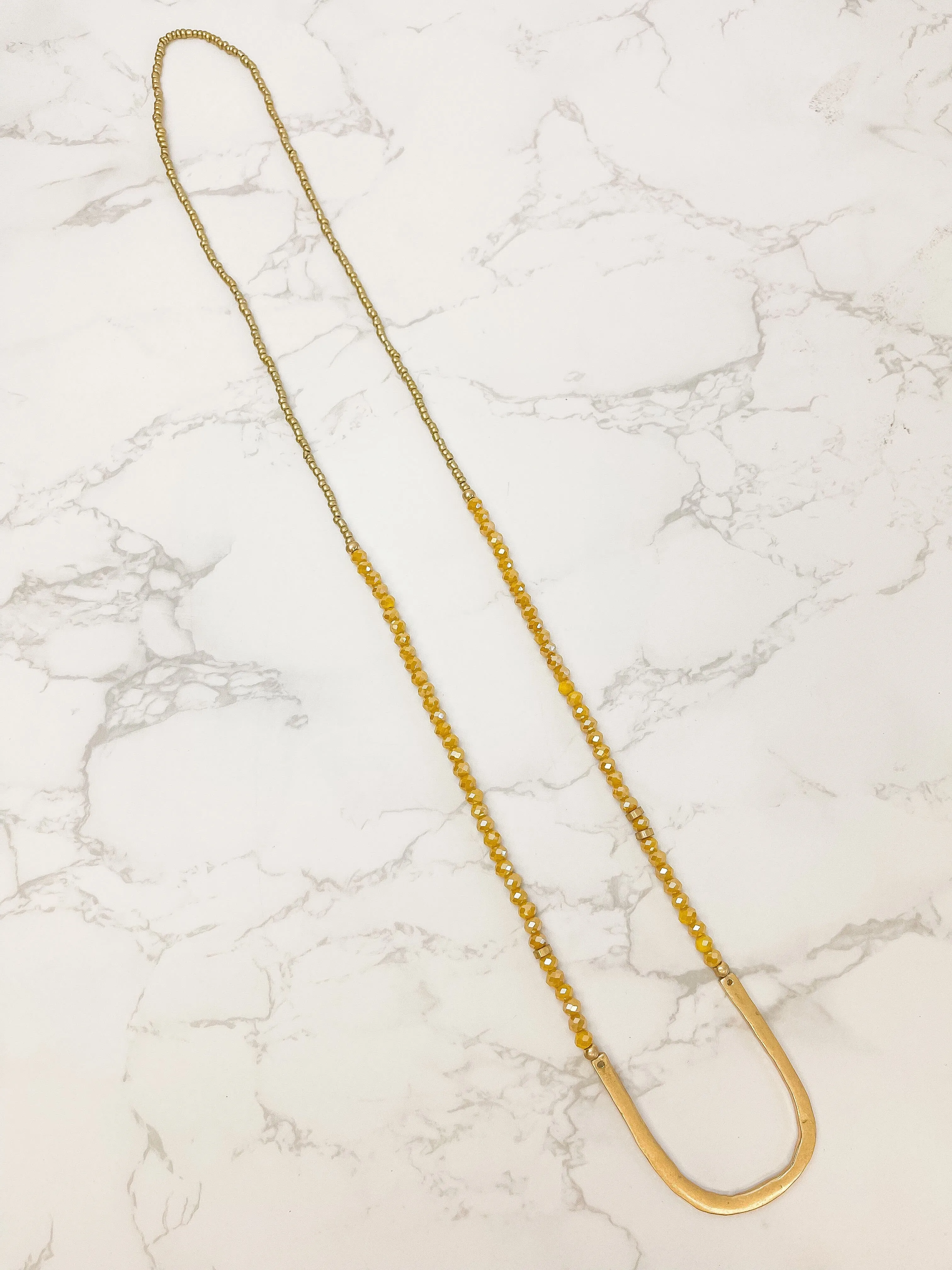Long Beaded U Shape Pendant Necklace - Mustard