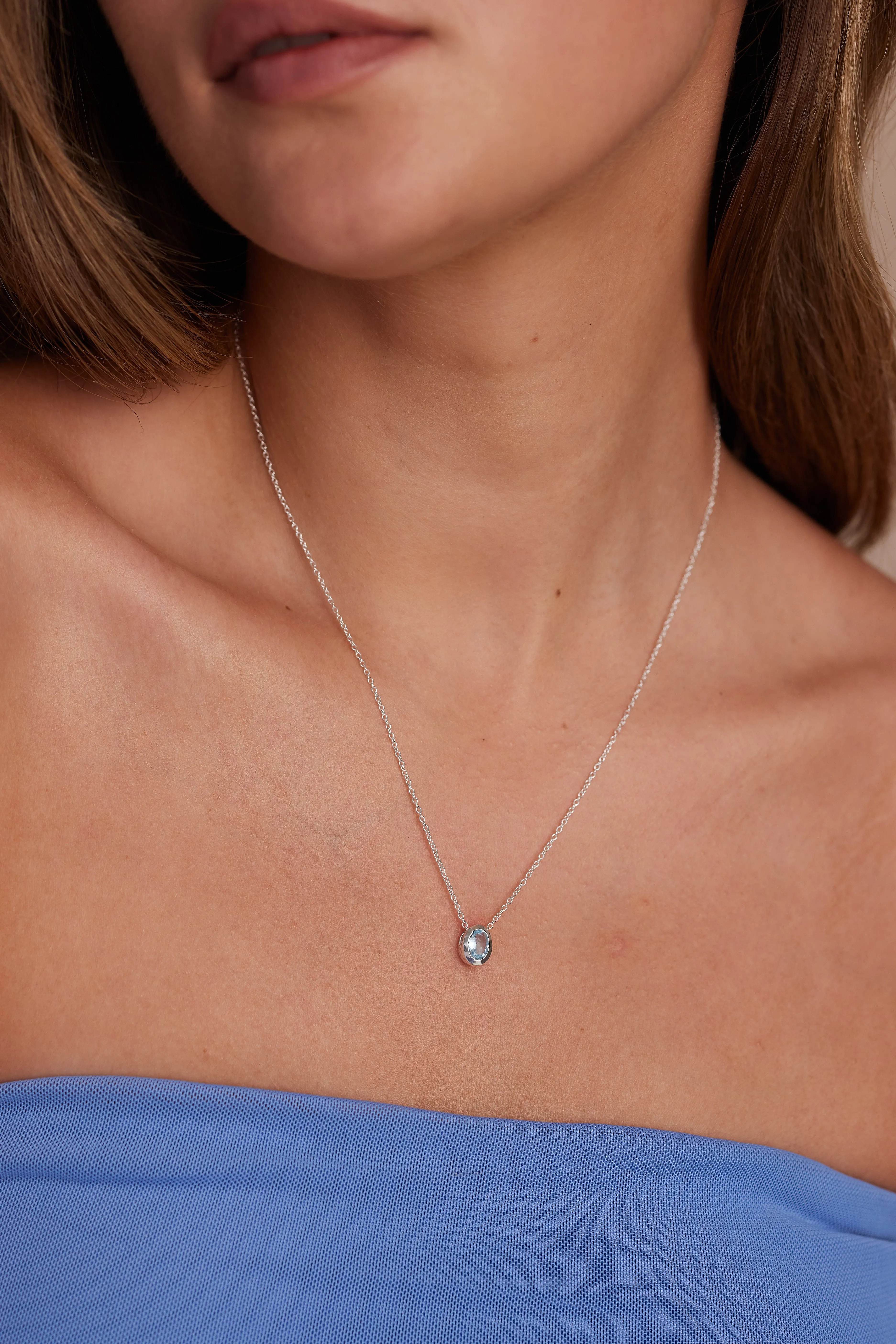 March Aquamarine Silver Oval Birthstone Necklace