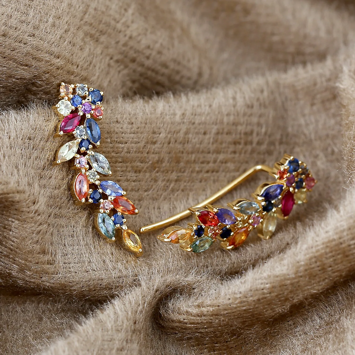 Marquise Cut Multicolor Sapphire Designer Ear Climber Earrings In Gold