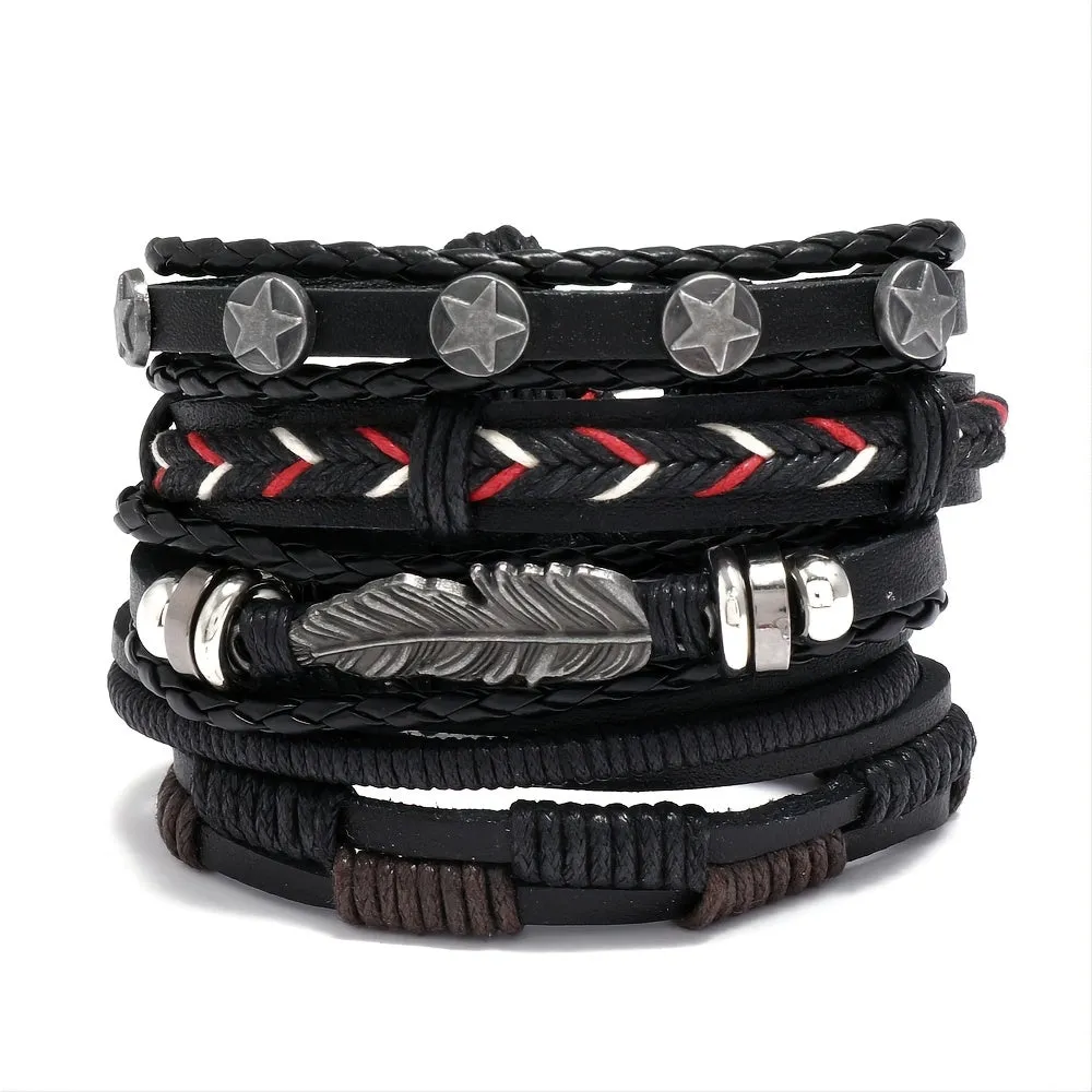 Men's Adjustable Punk Vintage PU Leather Bracelets Set