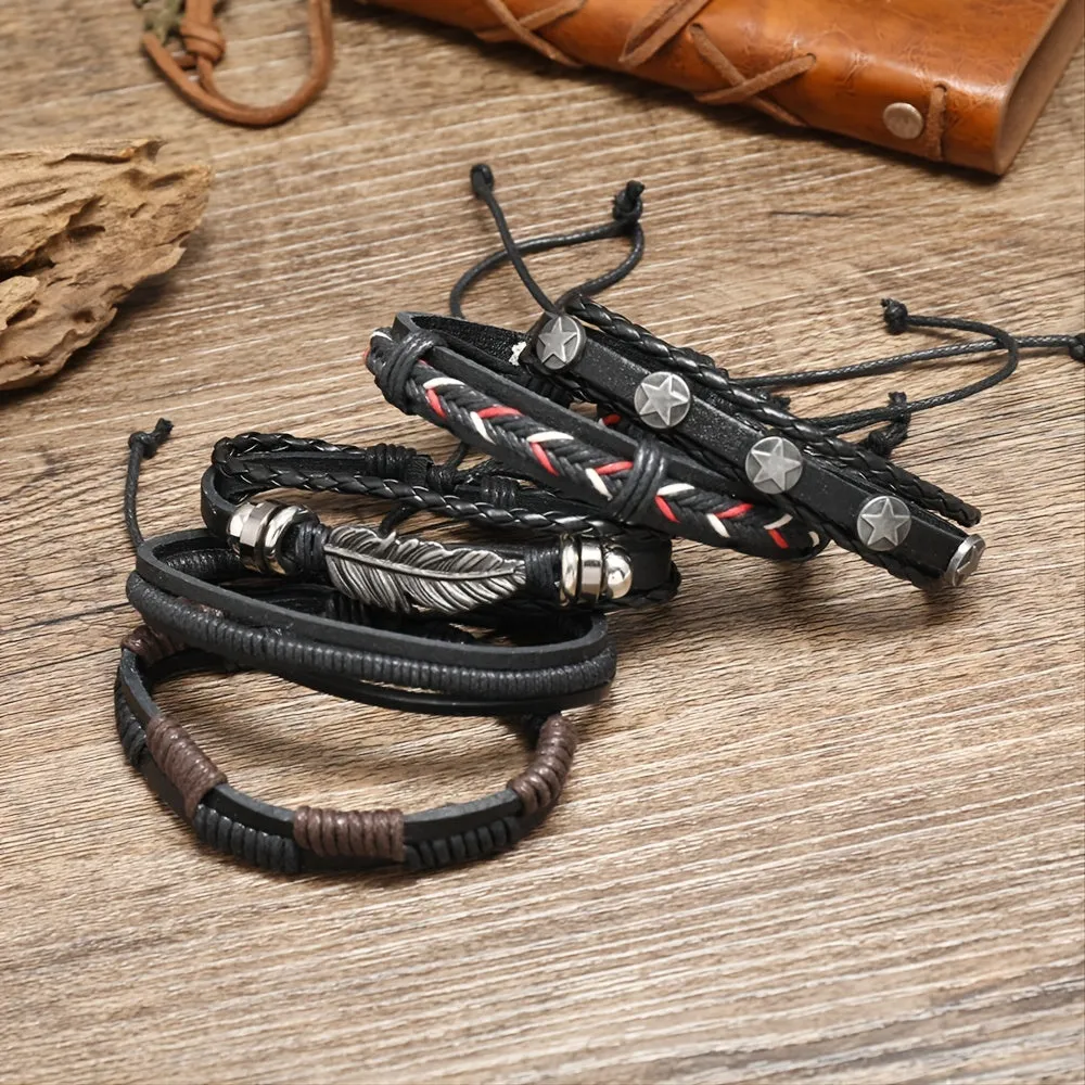 Men's Adjustable Punk Vintage PU Leather Bracelets Set