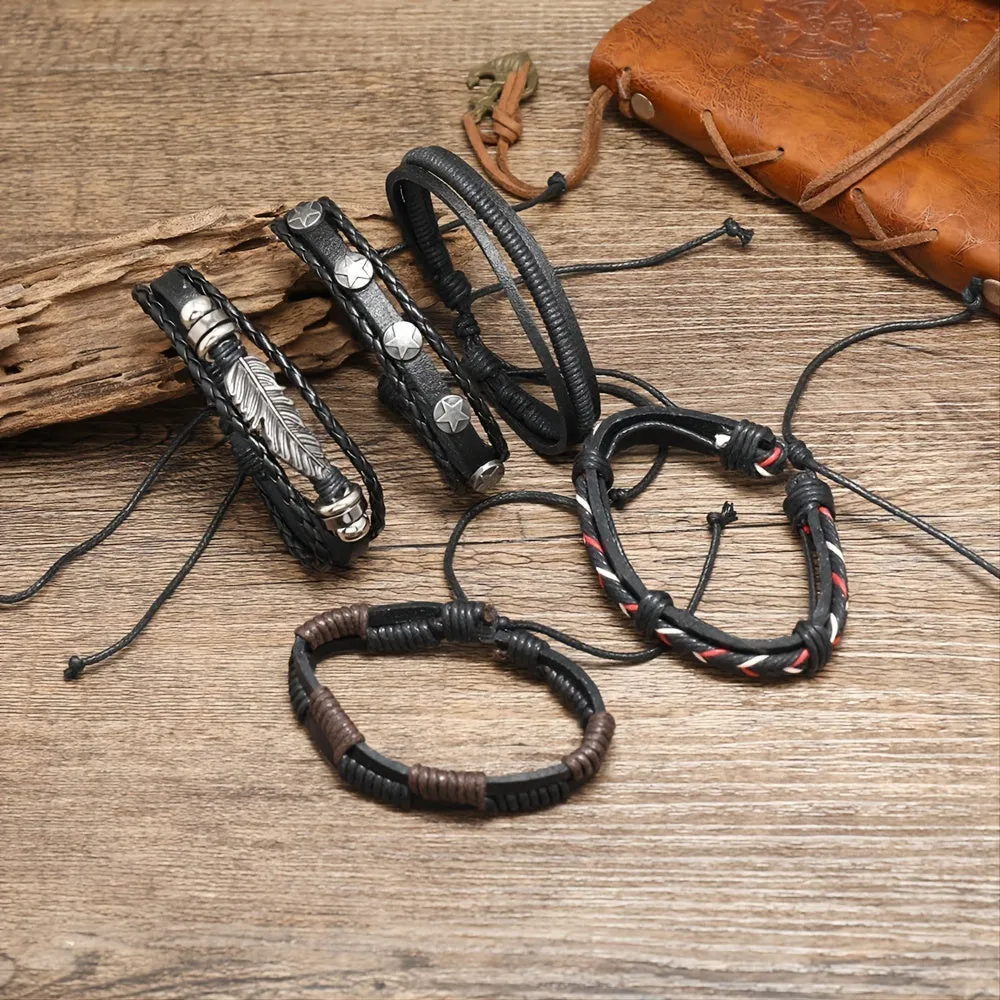 Men's Adjustable Punk Vintage PU Leather Bracelets Set