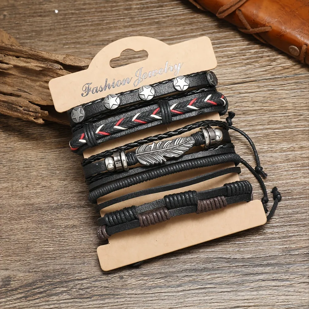 Men's Adjustable Punk Vintage PU Leather Bracelets Set