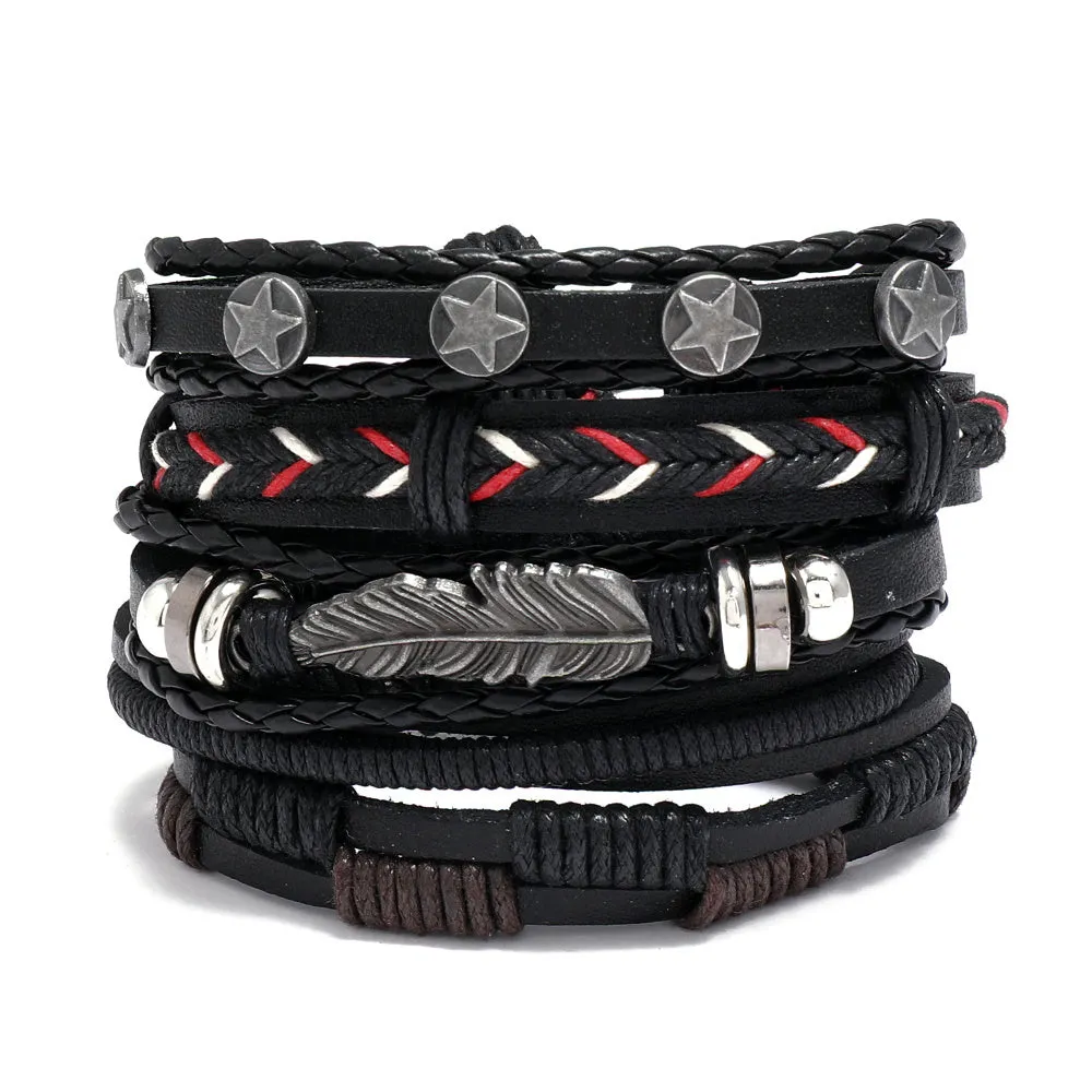 Men's Adjustable Punk Vintage PU Leather Bracelets Set