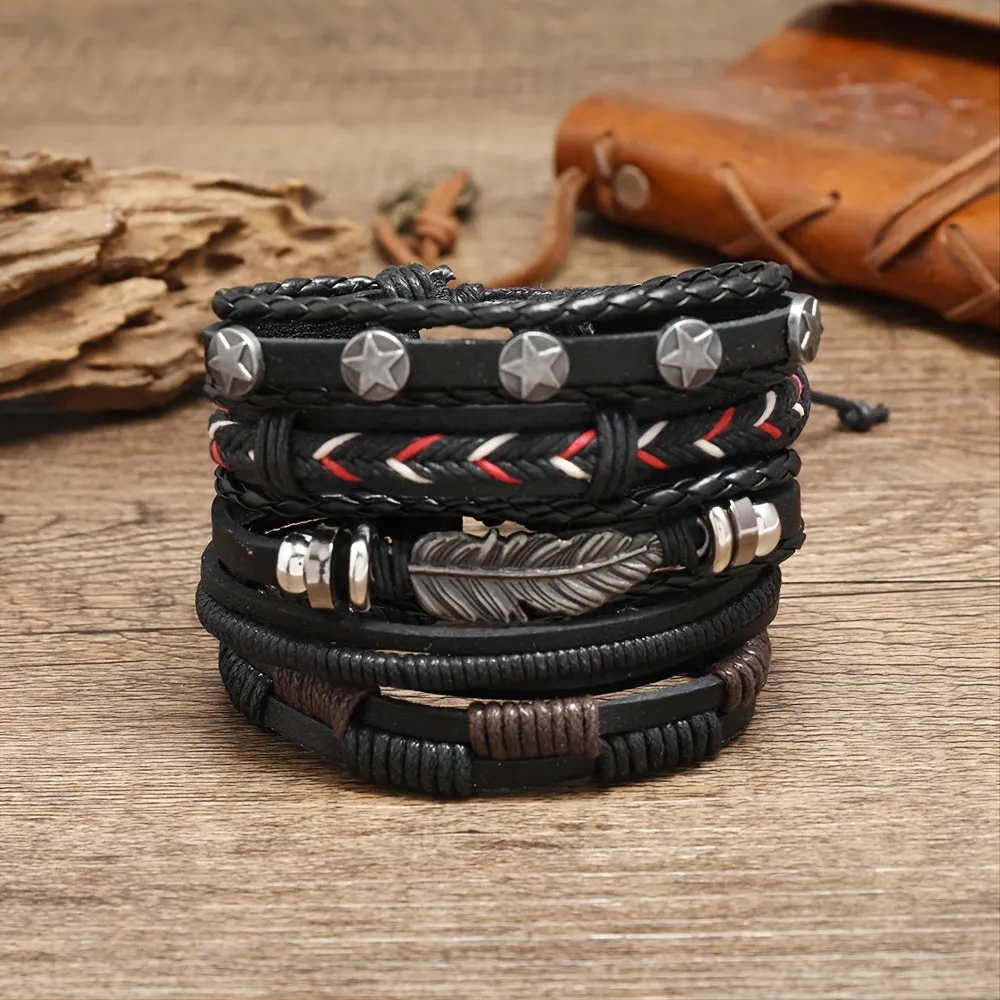 Men's Adjustable Punk Vintage PU Leather Bracelets Set