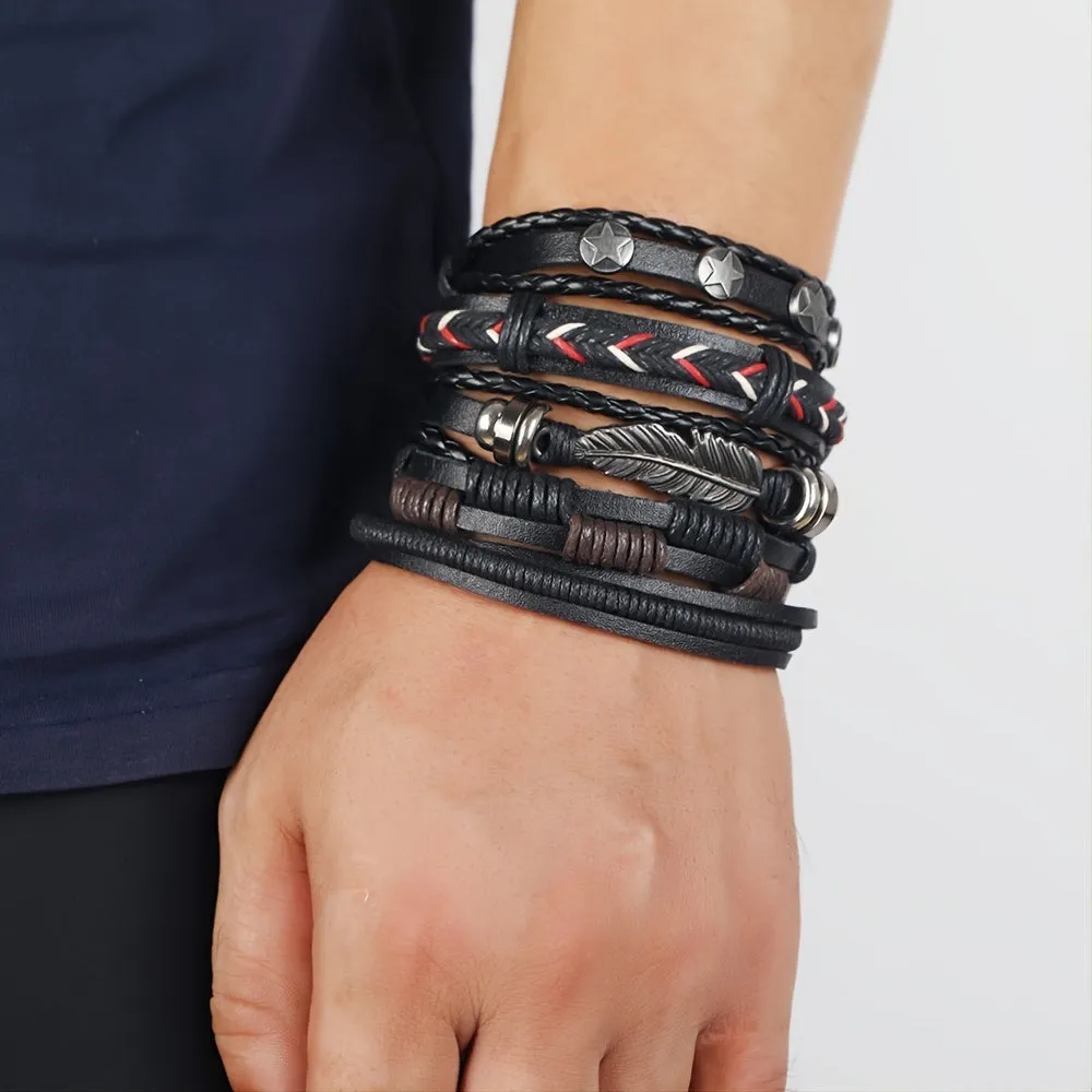 Men's Adjustable Punk Vintage PU Leather Bracelets Set