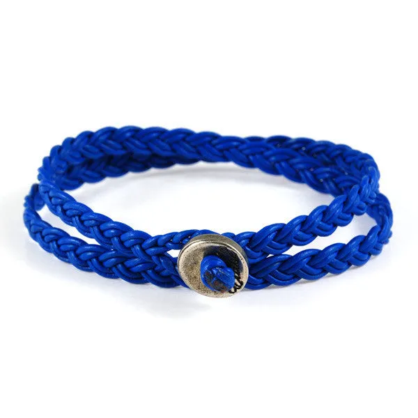 Mens Blue Braided Leather Wrap Bracelet with Silver Button Closure