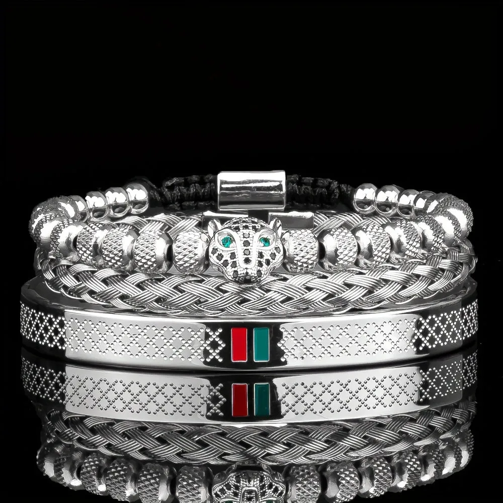 Men's Braided CZ Leopard Head Bracelet Stainless Steel Jewelry