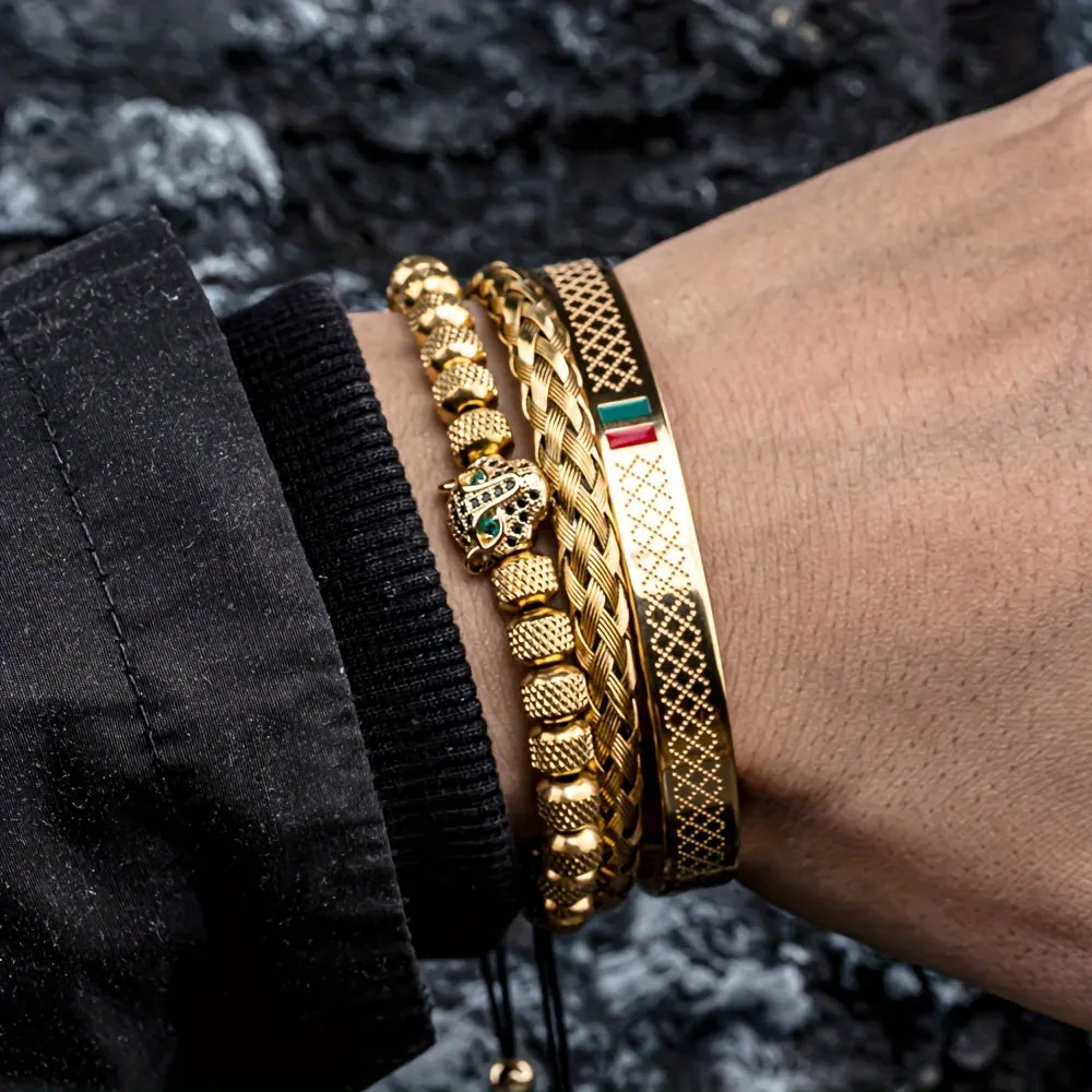 Men's Braided CZ Leopard Head Bracelet Stainless Steel Jewelry
