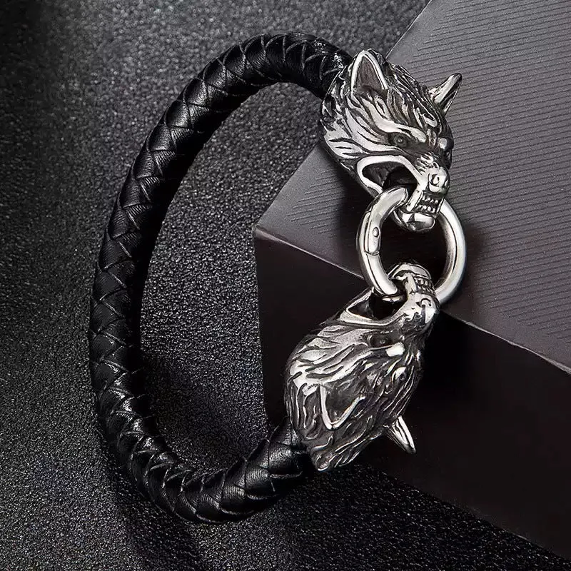 Men's Braided Leather Wolf Head Bracelet