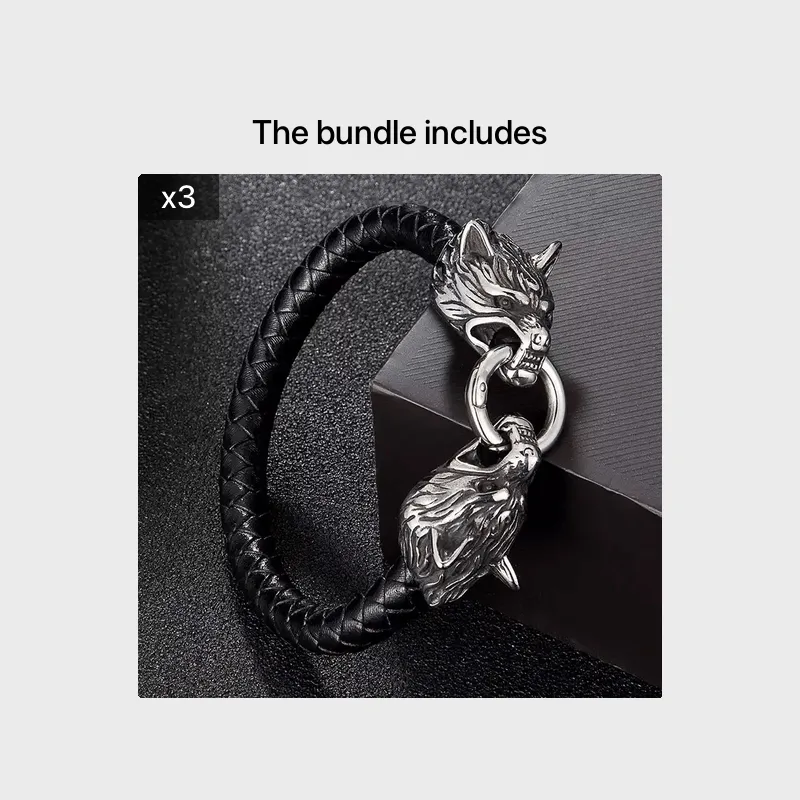 Men's Braided Leather Wolf Head Bracelet