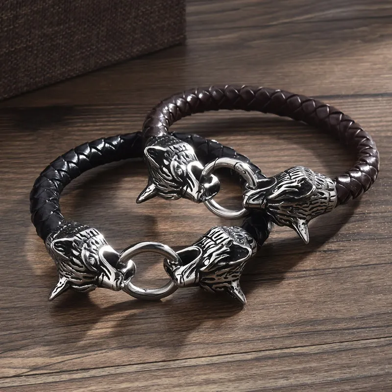 Men's Braided Leather Wolf Head Bracelet