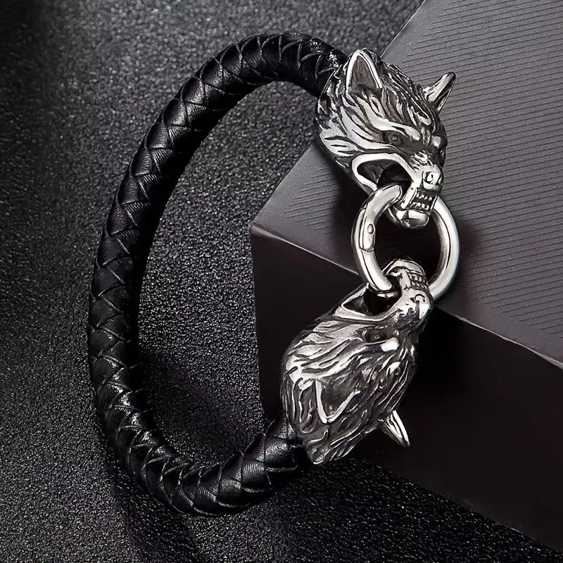 Men's Braided Leather Wolf Head Bracelet