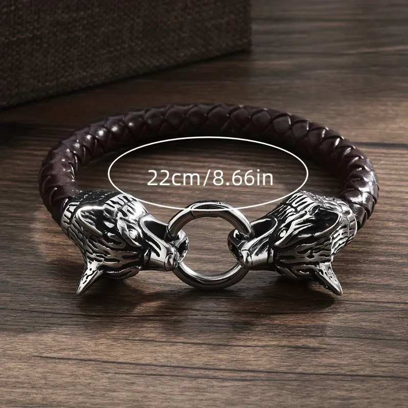 Men's Braided Leather Wolf Head Bracelet