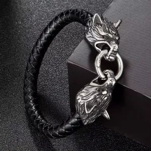 Men's Braided Leather Wolf Head Bracelet