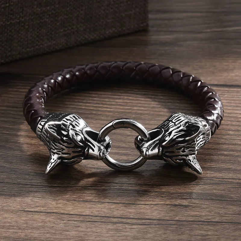 Men's Braided Leather Wolf Head Bracelet