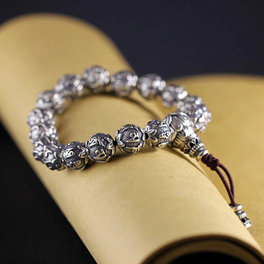 Men's Real Solid 925 Sterling Silver Bracelets Link Chain Beads Om Mani Padme Hum Luck Jewelry