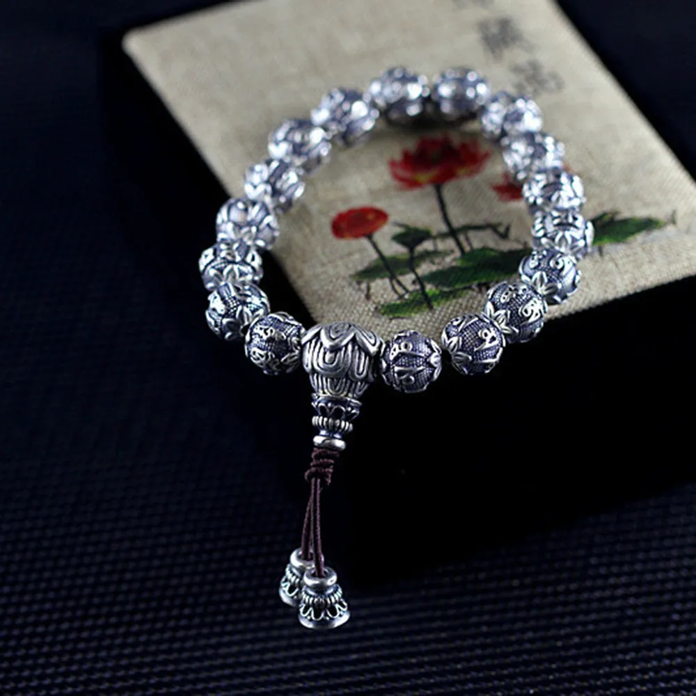 Men's Real Solid 925 Sterling Silver Bracelets Link Chain Beads Om Mani Padme Hum Luck Jewelry