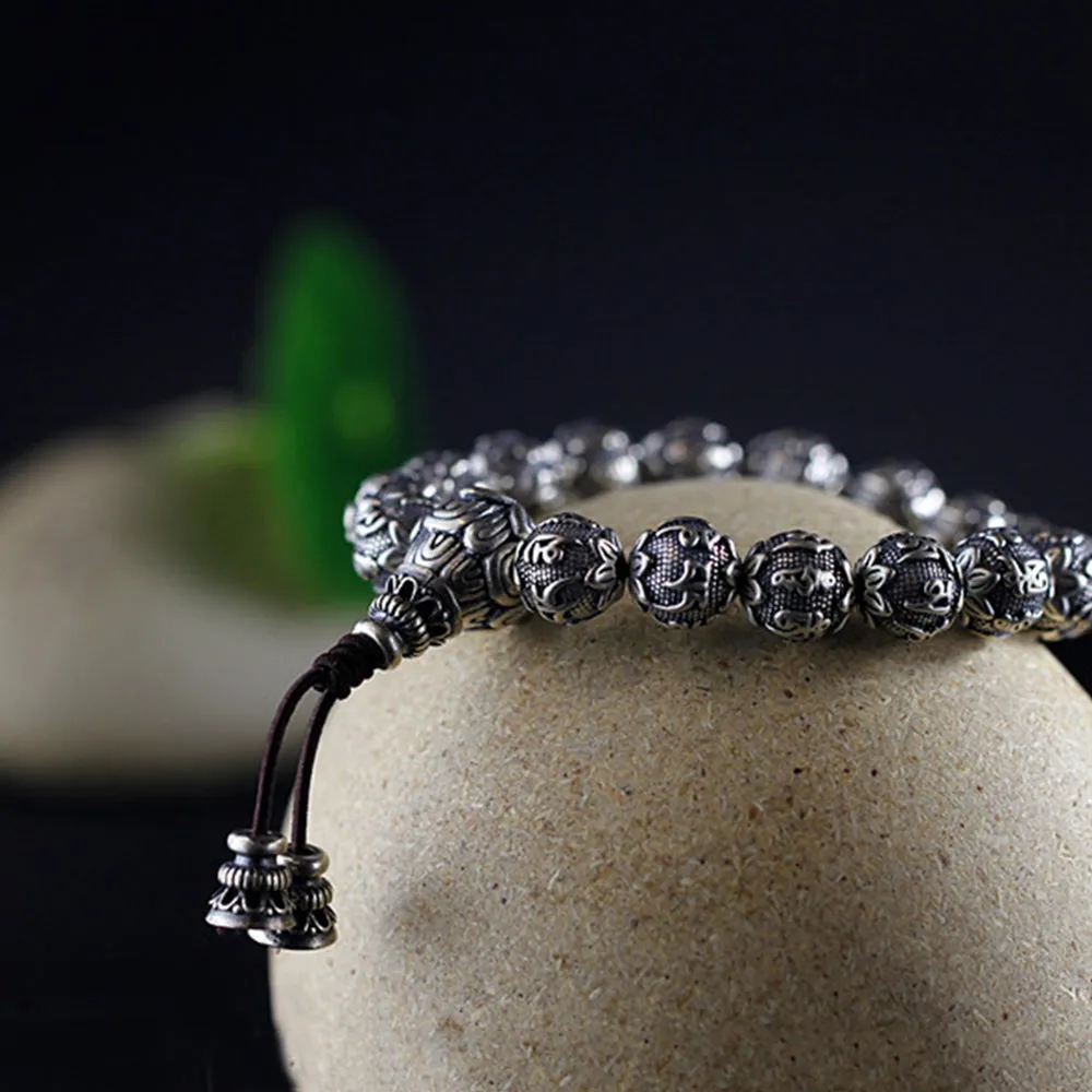 Men's Real Solid 925 Sterling Silver Bracelets Link Chain Beads Om Mani Padme Hum Luck Jewelry
