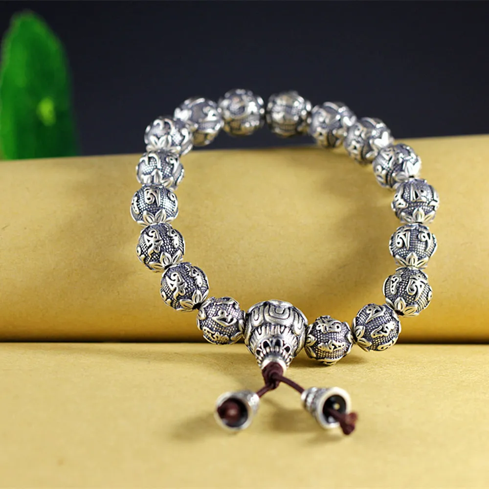 Men's Real Solid 925 Sterling Silver Bracelets Link Chain Beads Om Mani Padme Hum Luck Jewelry
